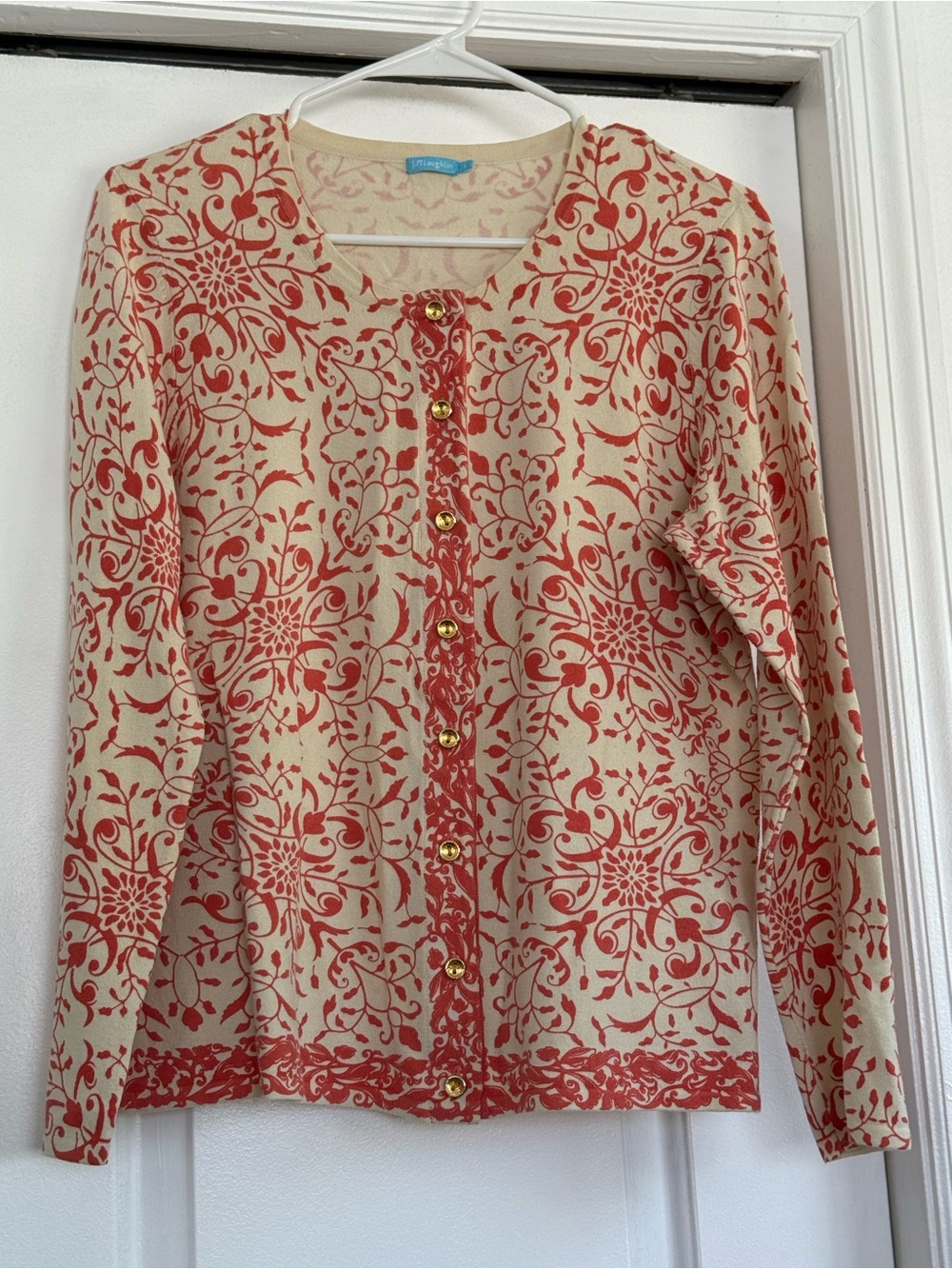 J. McLaughlin Cream Cardigan with Coral Floral Print
